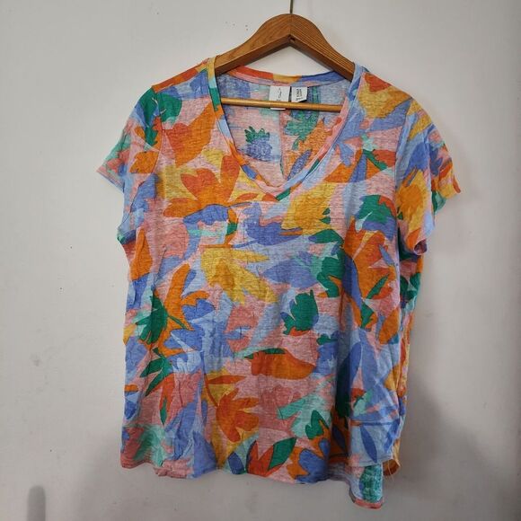 Joie Tropical Print Short Sleeve Linen Women's Multicolored Top Blouse Size 1X - Picture 7 of 7